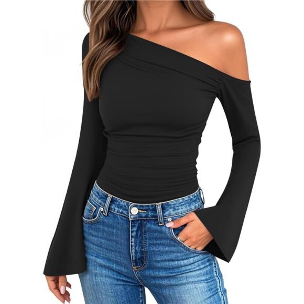 Off-Shoulder Bell Sleeve Top – Slim Fit Long Sleeve Ruched